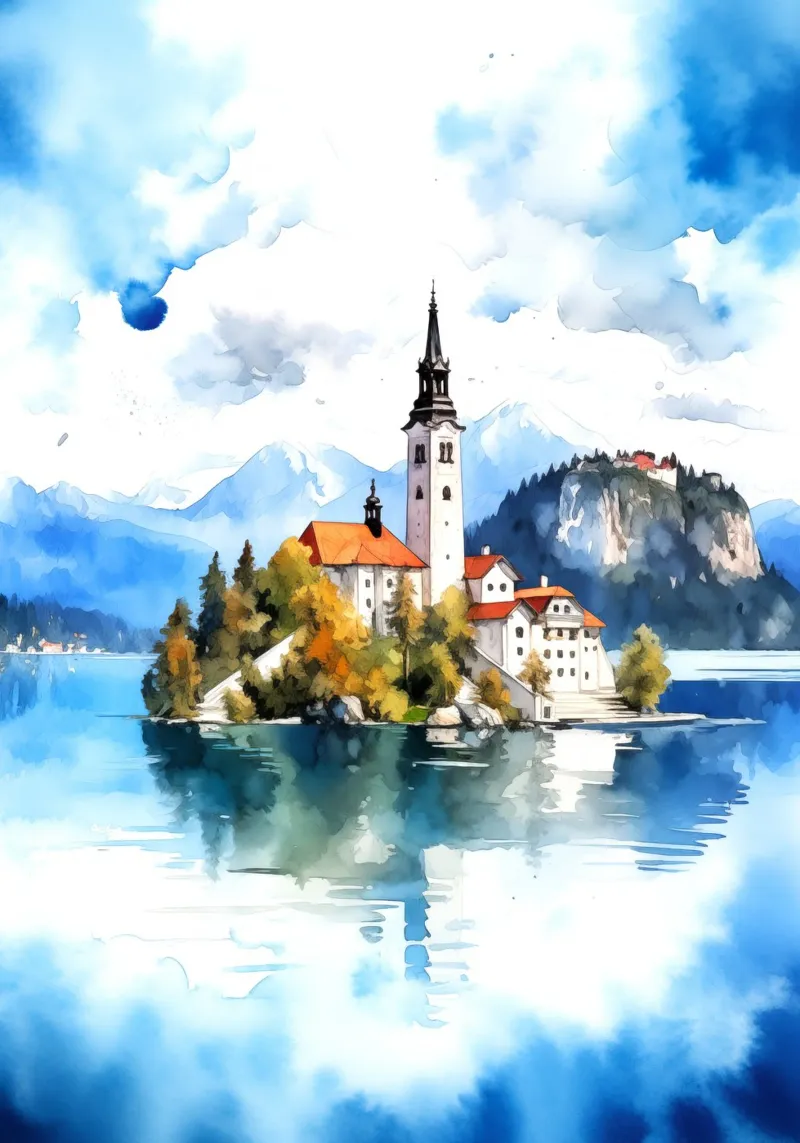 Lago di Bled Slovenia poster con telaio in alluminio da Cyberpunk Canvas