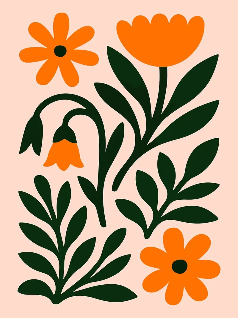 Bloemenillustratie met oranje bloemen en bladeren canvas met Baklijst van Sabine Klein