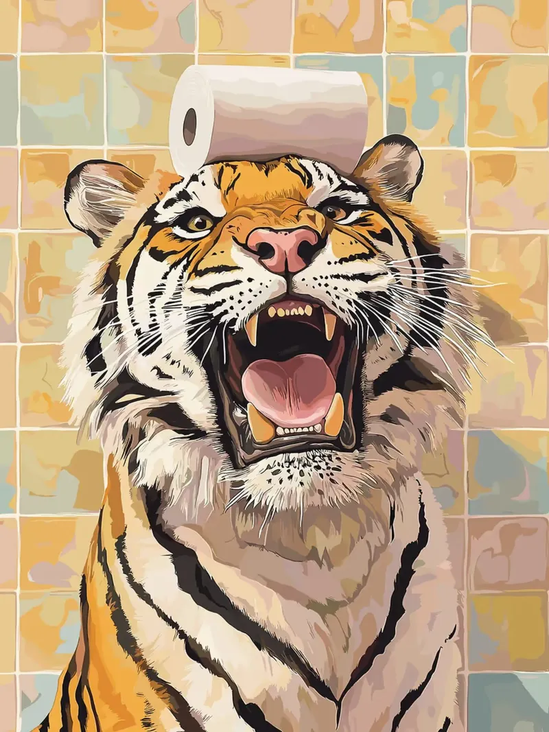 Tigre con carta igienica in testa poster con telaio in alluminio da Sabine Klein