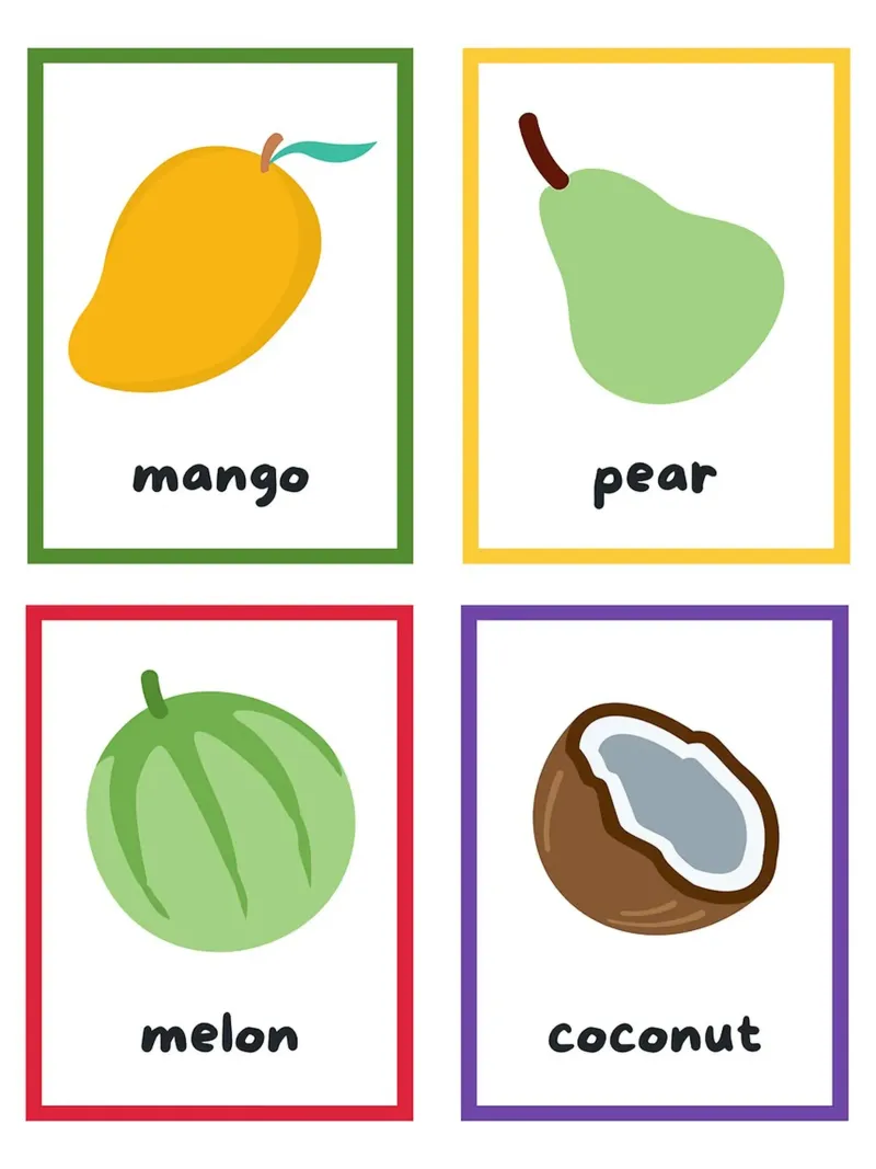 Flashcards sulla frutta_ Mango, pera, melone, noce di cocco poster con telaio in alluminio da Sabine Klein