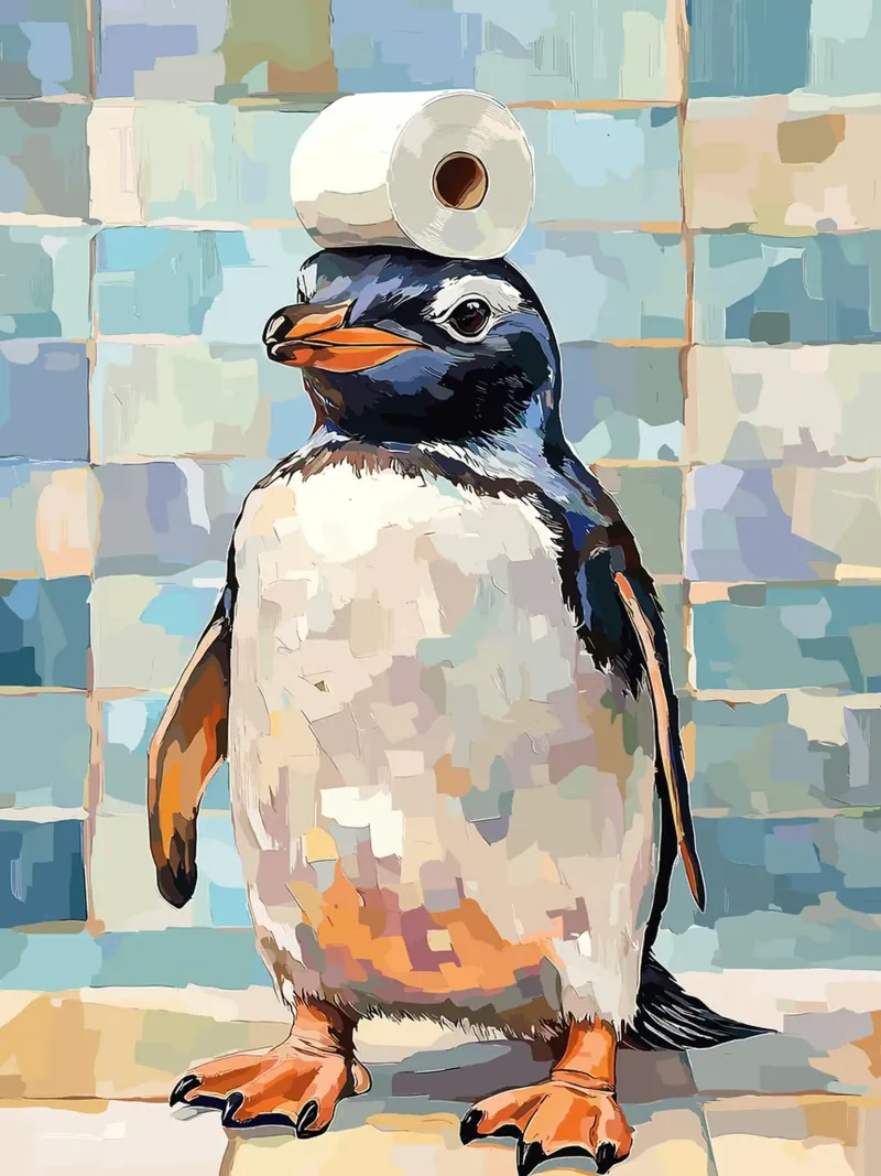 Pinguino con carta igienica sulla testa poster con telaio in alluminio da Sabine Klein