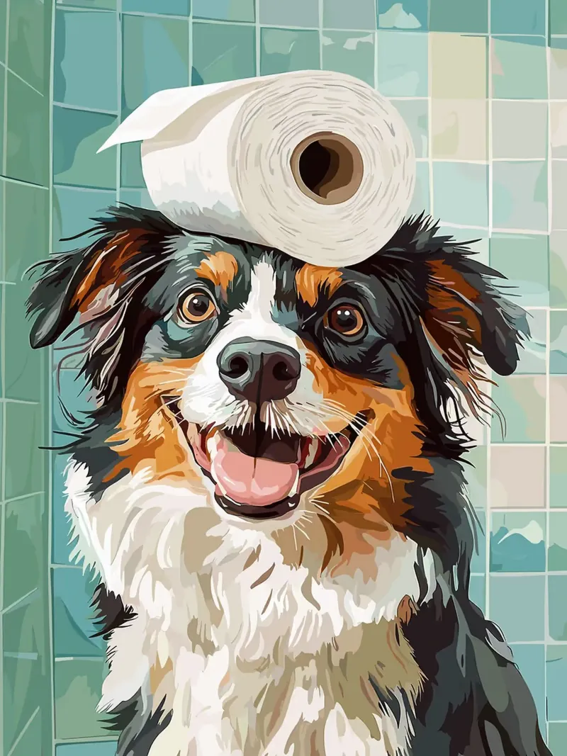 Cane con carta igienica in testa poster da Lisa Becker