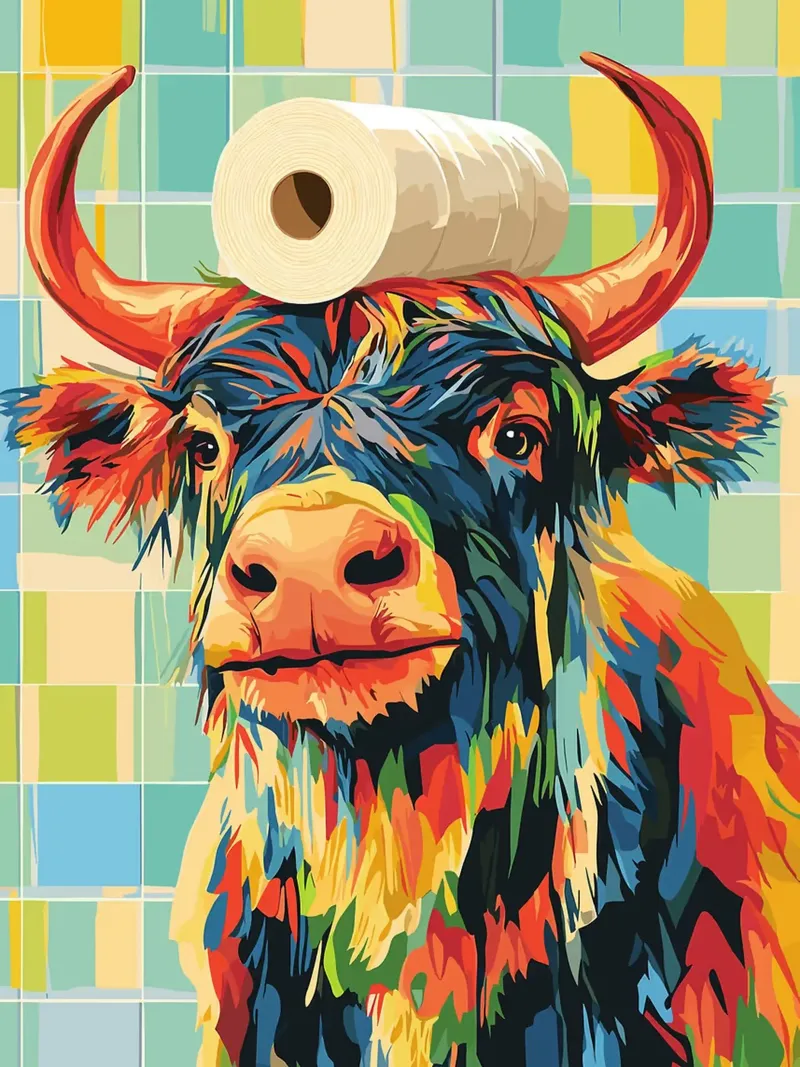 Kleurrijke koe met wc-hoed canvas met Baklijst van Lisa Becker