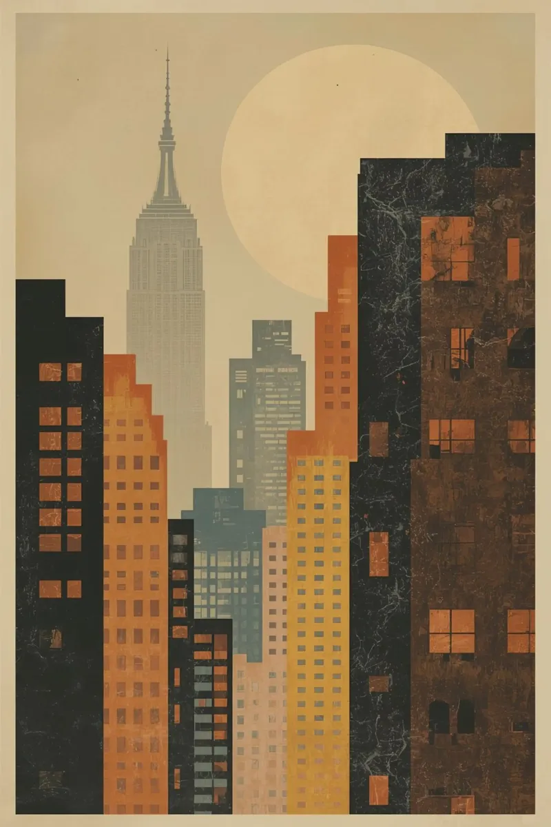 Illustrazione dello skyline della città di New York con l'Empire State Buildin poster con telaio in alluminio da DesignDoodle