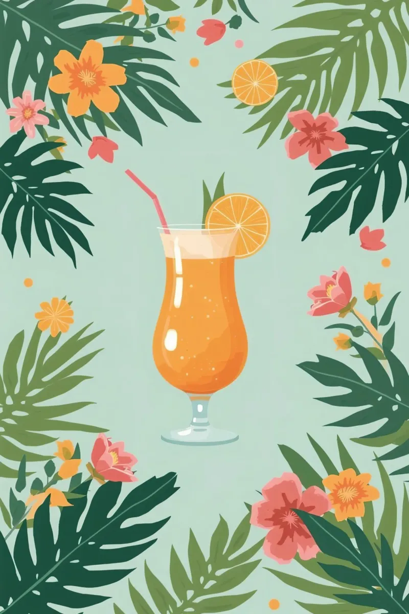 Bevanda all'arancia in bicchiere con fiori e foglie illustrazione poster con telaio in plastica da DesignDoodle
