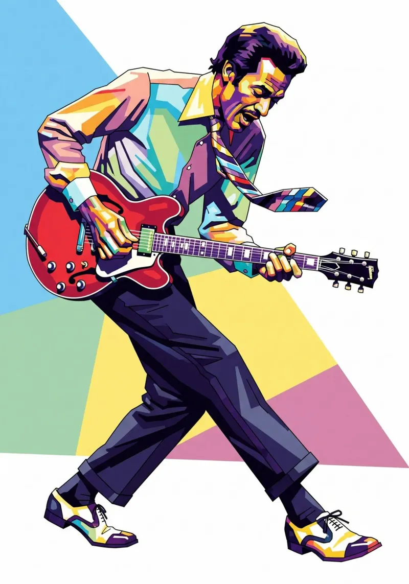 La posa di Chuck Berry "duck walk" (camminata dell'anatra) poster con telaio in legno da Hantamrata