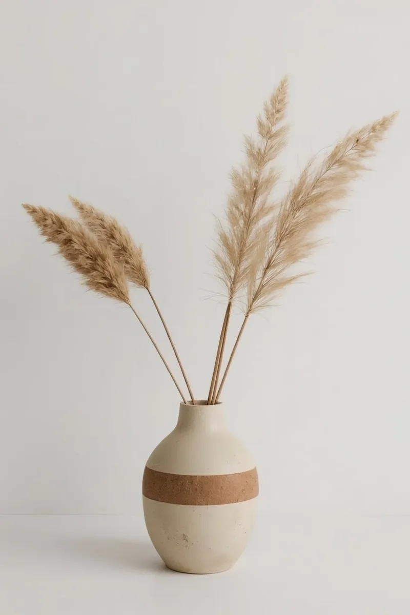 Pampasgras in gestreifter Vase auf weißer Oberfläche Leinwand mit Schattenfugenrahmen von DesignDoodle