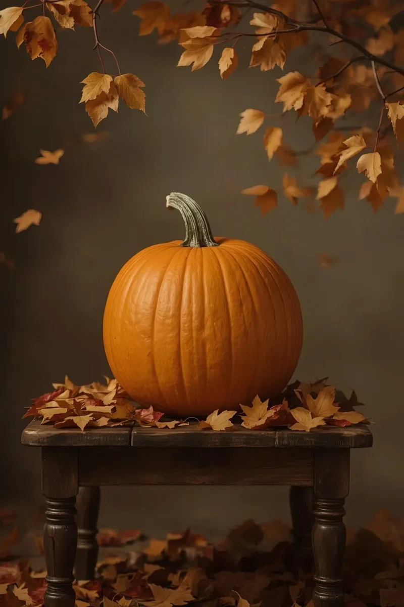 Zucca sul tavolo con foglie d'autunno poster con telaio in legno da DesignDoodle