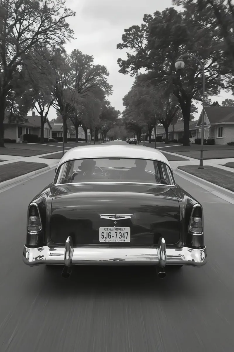 Vista posteriore di un'auto d'epoca su una strada in bianco e nero poster con telaio in plastica da DesignDoodle