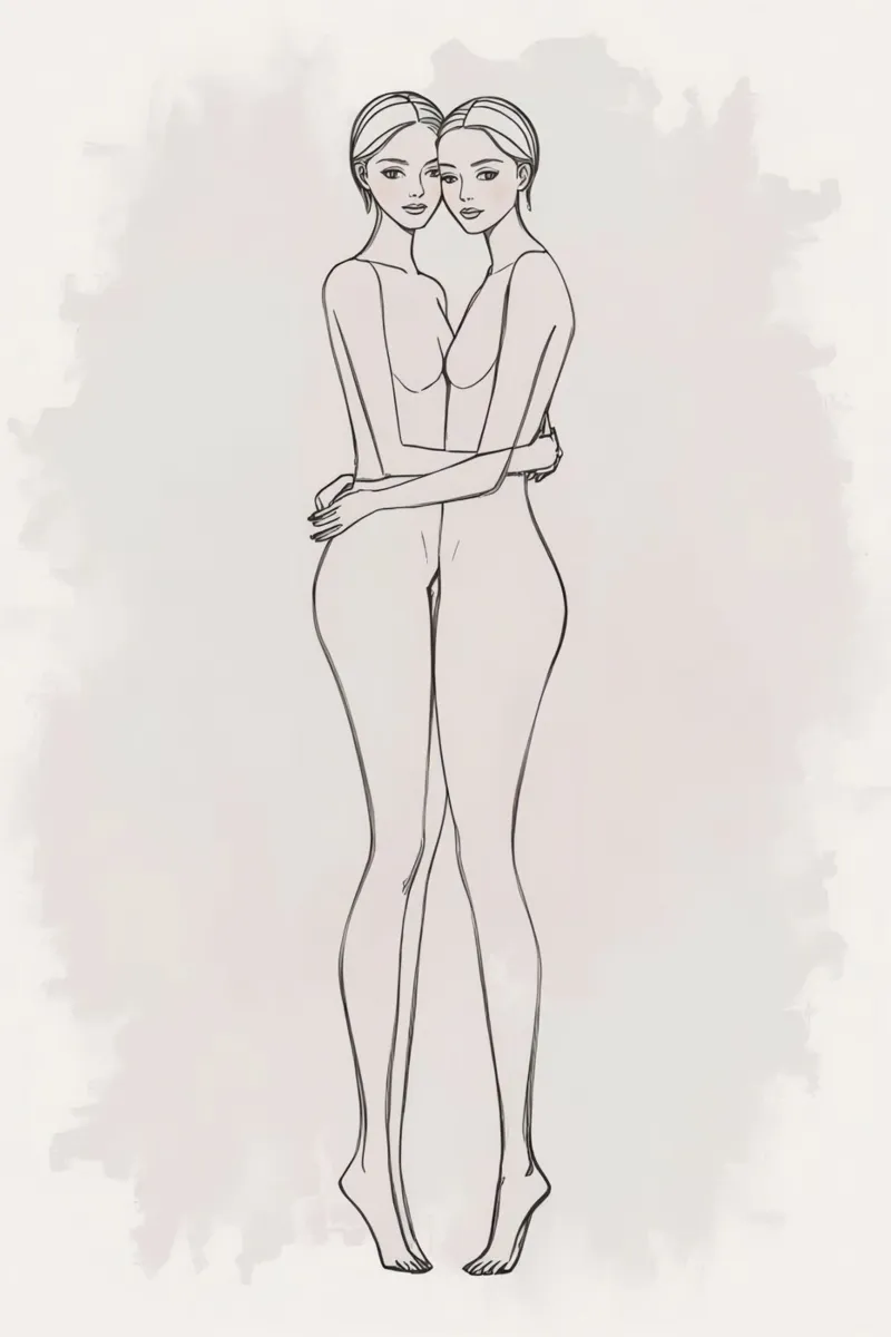 Disegno lineare di due donne che si abbracciano poster con telaio in plastica da DesignDoodle
