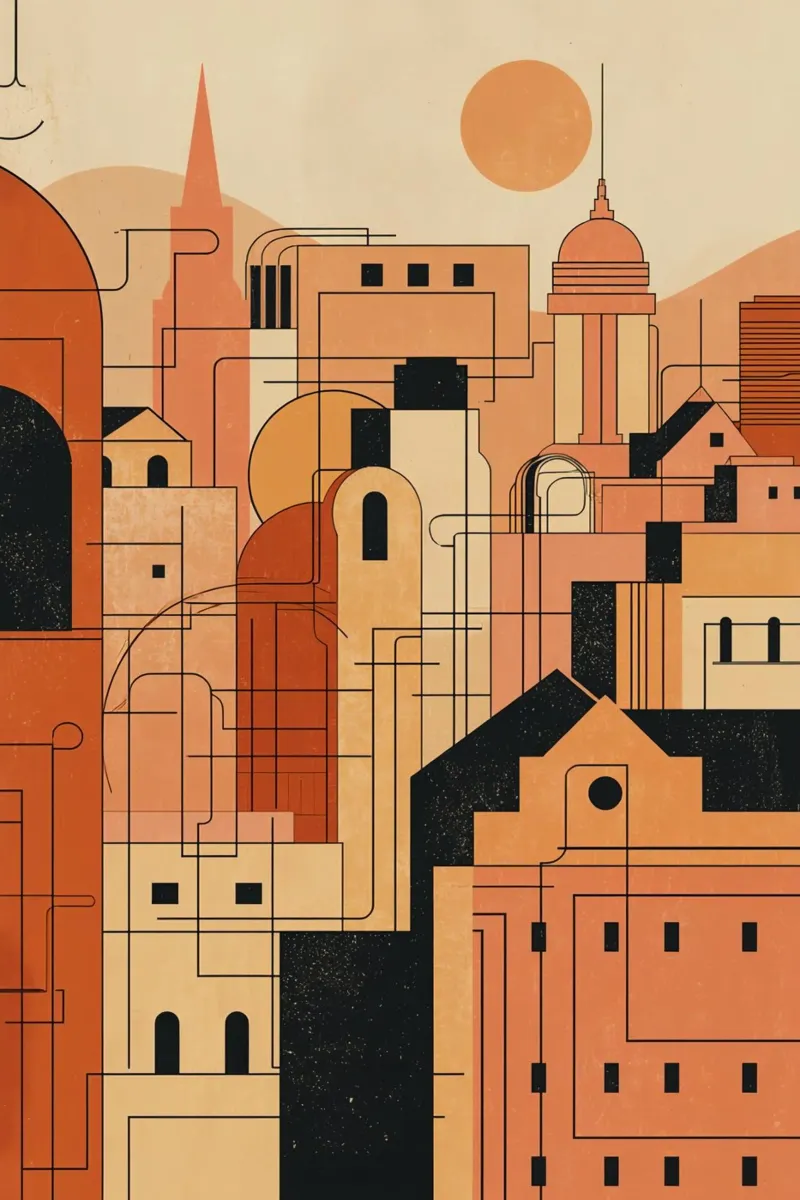 Illustration of Buildings and Structures with Orange Palette canvas with Floater frame by DesignDoodle