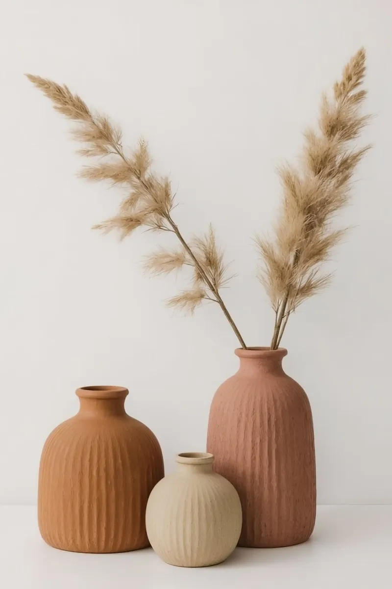 Tres jarrones con hierba de la Pampa lienzo con Marco flotante de DesignDoodle