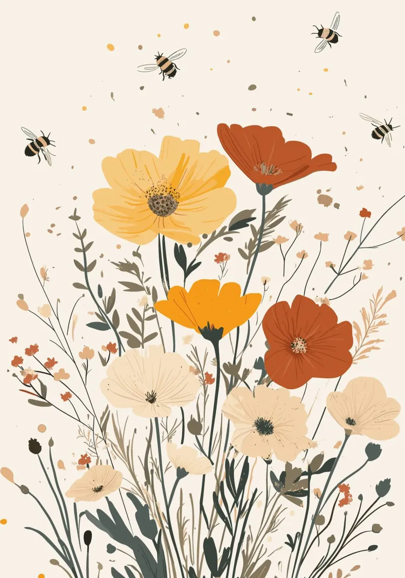Fiori selvatici e api estive poster con telaio in plastica da pixelbull - medieval art and more