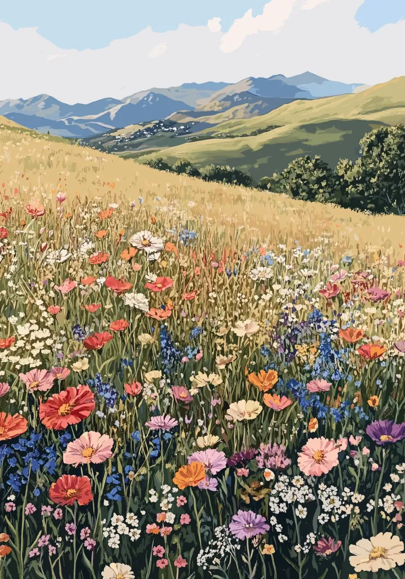 Mare di fiori tra dolci colline poster da pixelbull - medieval art and more
