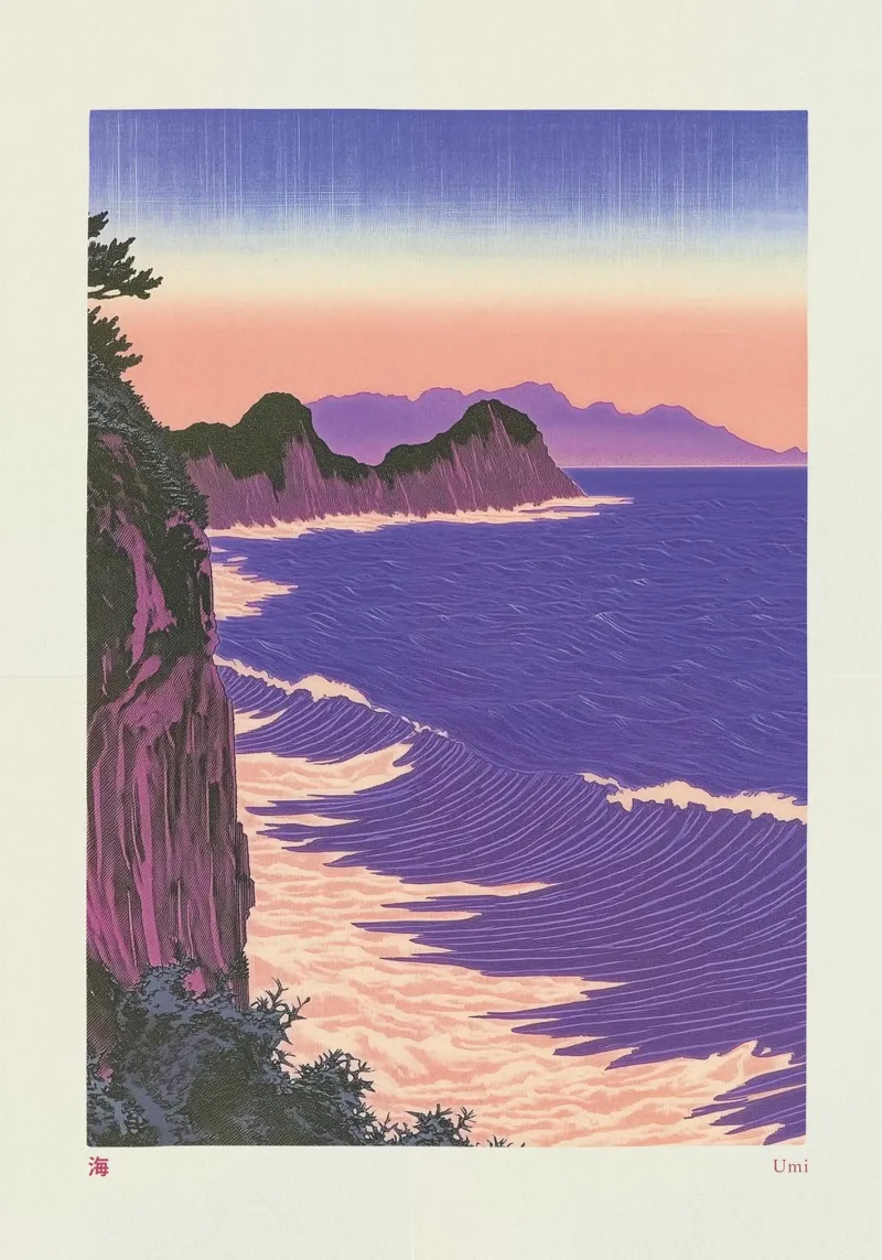The Ocean Print (Japanese Art, Nature, Coast, Fog, Poster) poster da MNTDPrints