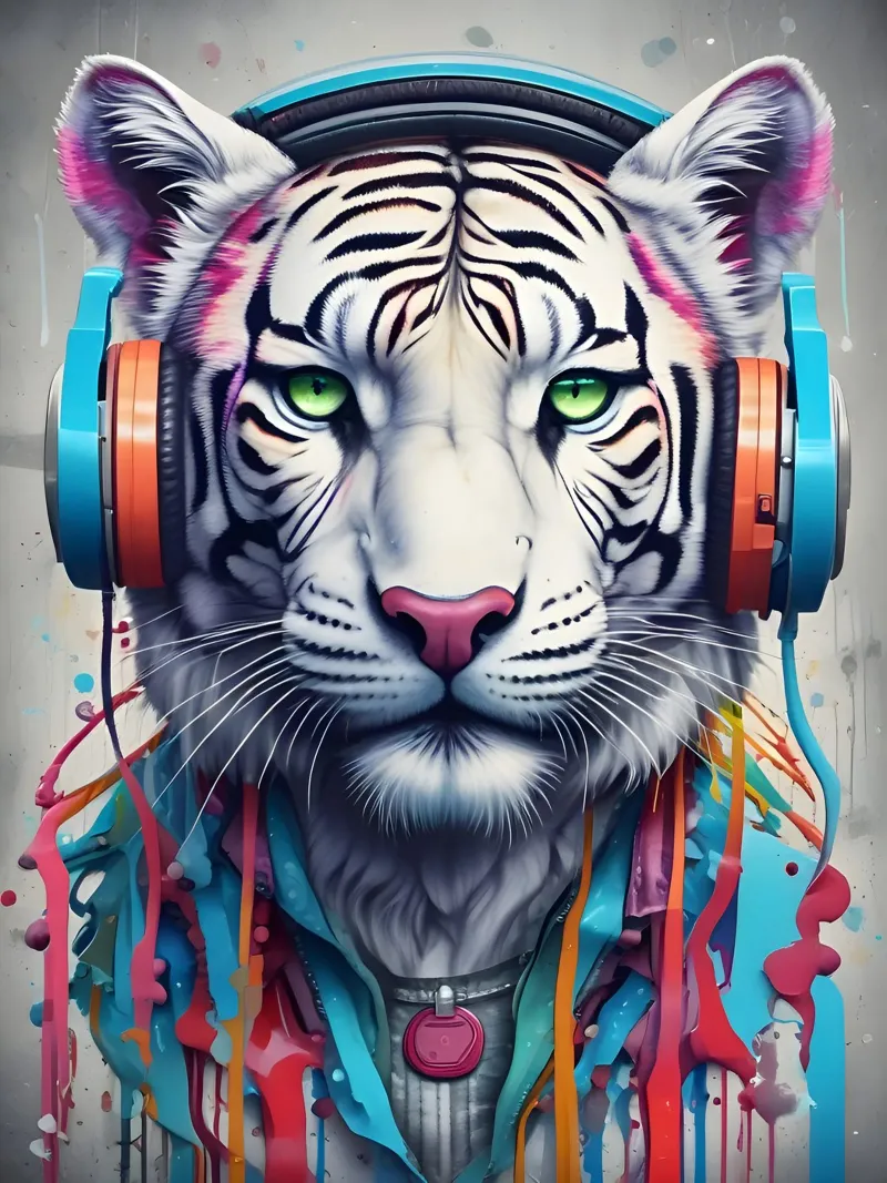 Tigre con cuffie poster con telaio in alluminio da MakArena