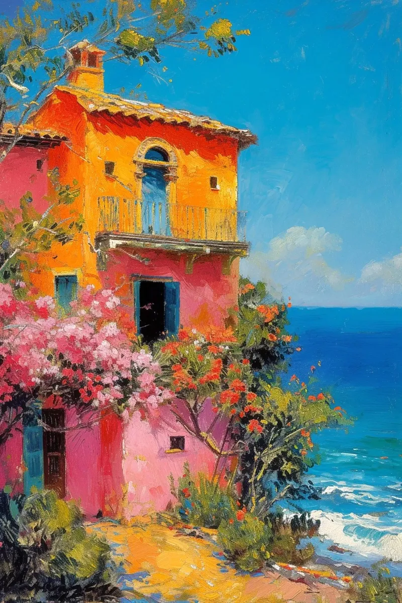 Casa colorata in riva al mare poster con telaio in alluminio da Yaso Design & Art