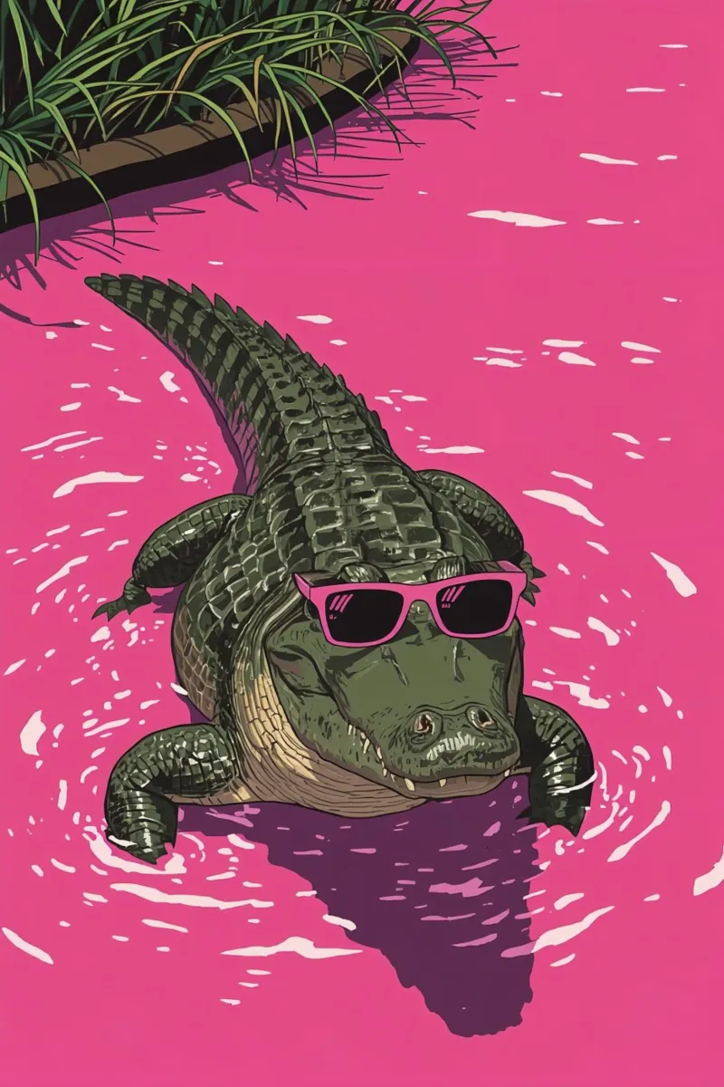 Alligatore in acqua rosa che indossa occhiali da sole poster da DesignDoodle