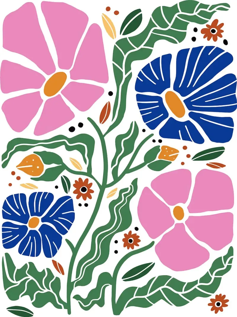 Motivo floreale con fiori rosa e blu poster con telaio in plastica da Charlotte Gagnon