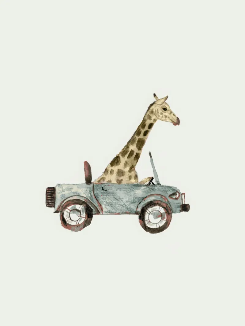 Giraffe in car poster con telaio in legno da muench benjamin