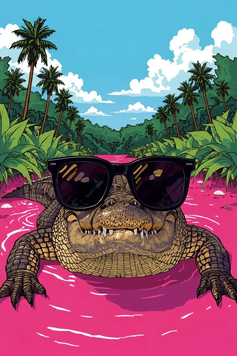 Alligatore con occhiali da sole in acqua rosa Paesaggio tropicale poster da DesignDoodle