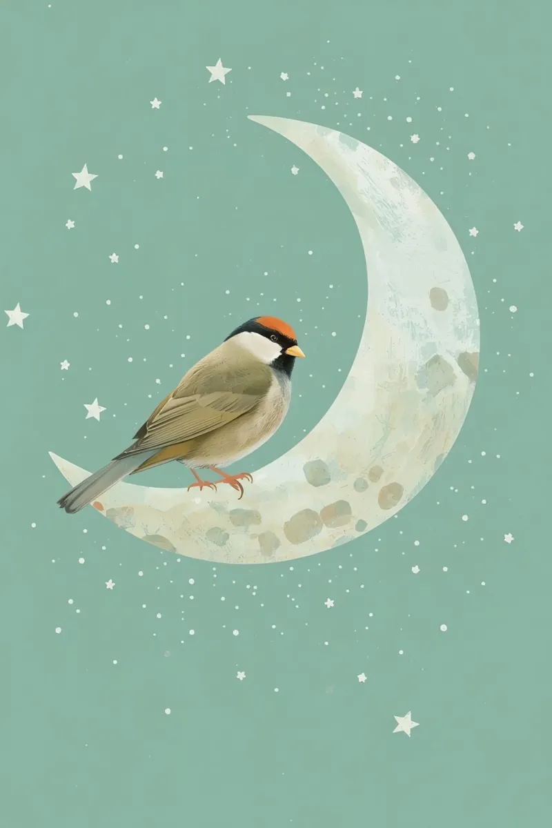 Uccello su mezzaluna con stelle Illustrazione poster da DesignDoodle