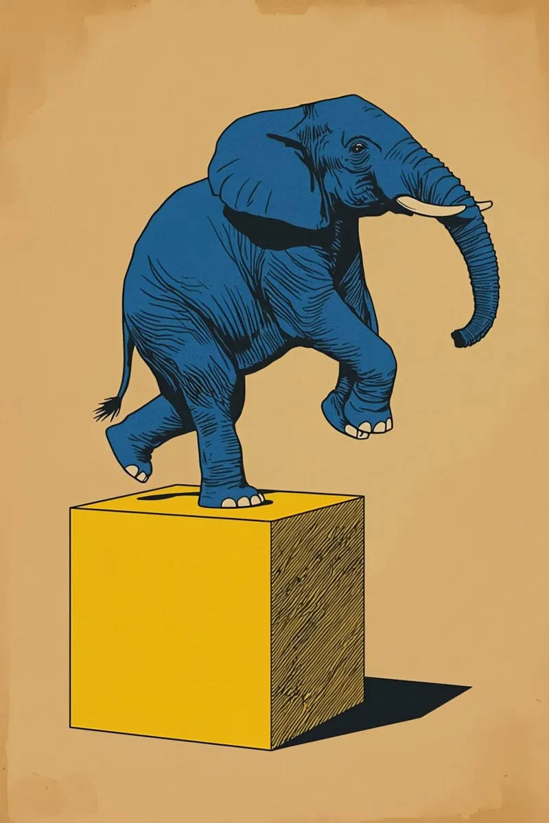 Eléphant bleu en équilibre sur un cube jaune toile avec Caisse américaine de DesignDoodle