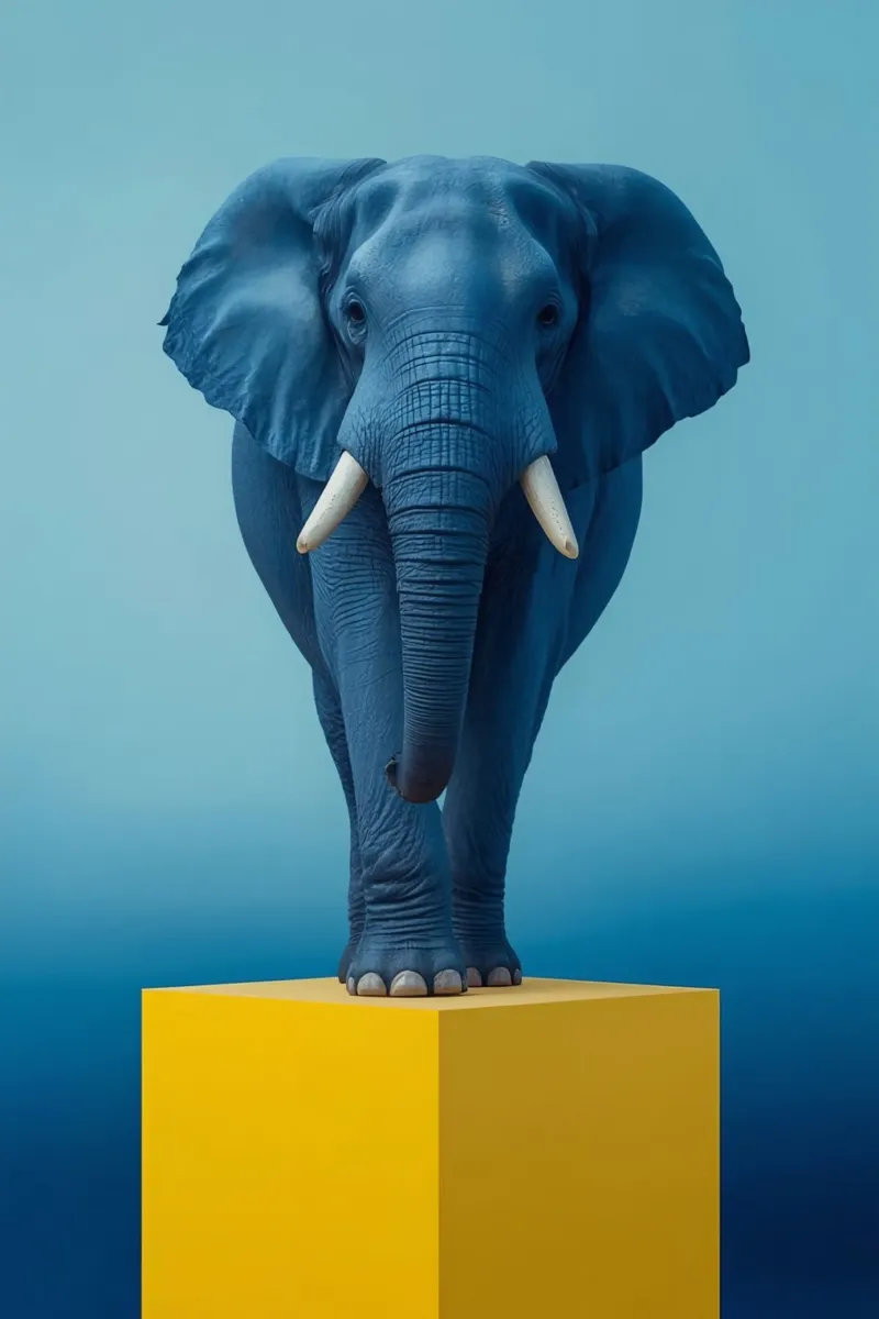 Elefante blu in piedi su un cubo giallo poster da DesignDoodle