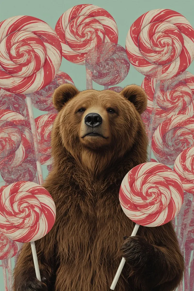 Orso marrone che tiene in mano lecca-lecca a spirale poster da DesignDoodle