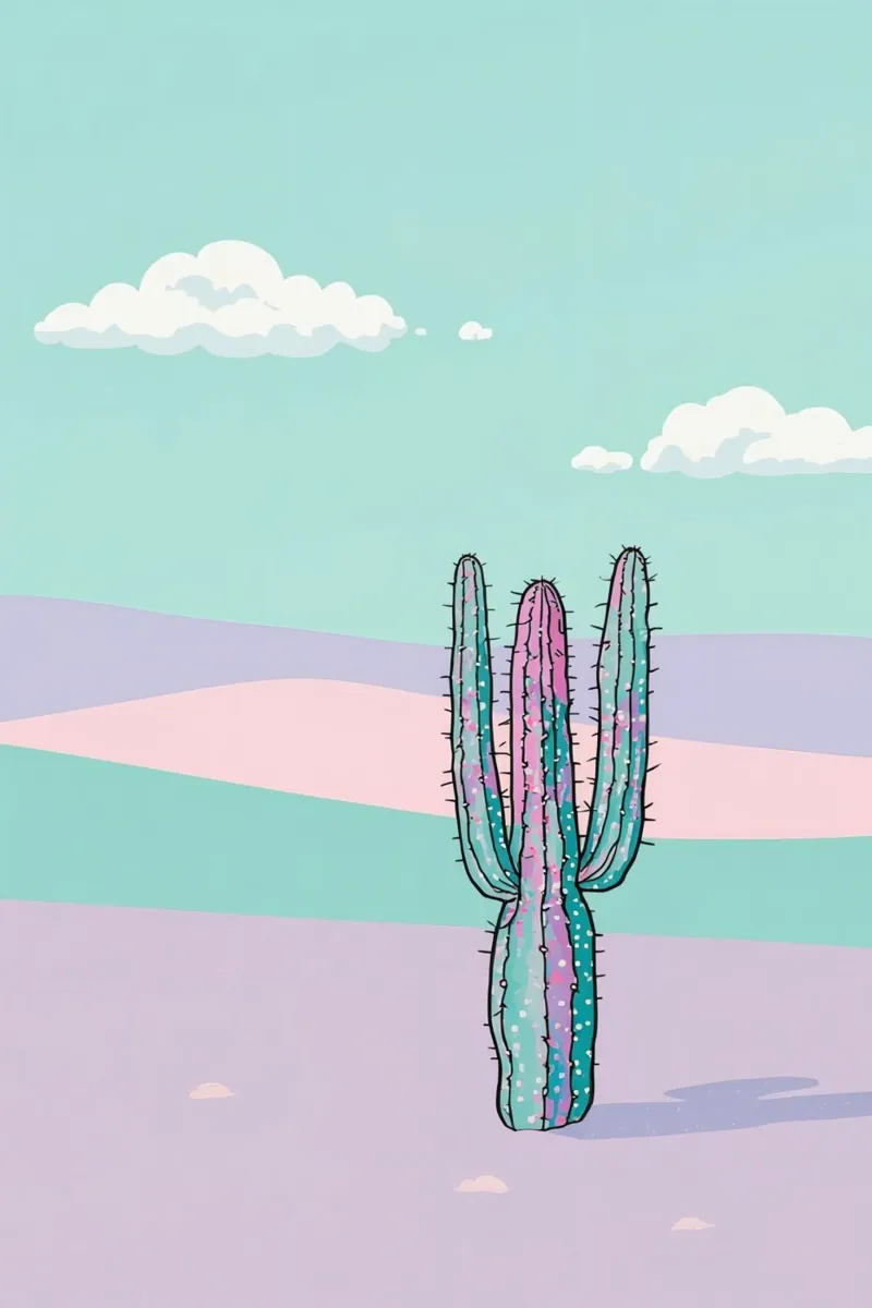 Cactus in un paesaggio desertico a tinte pastello poster con telaio in legno da DesignDoodle