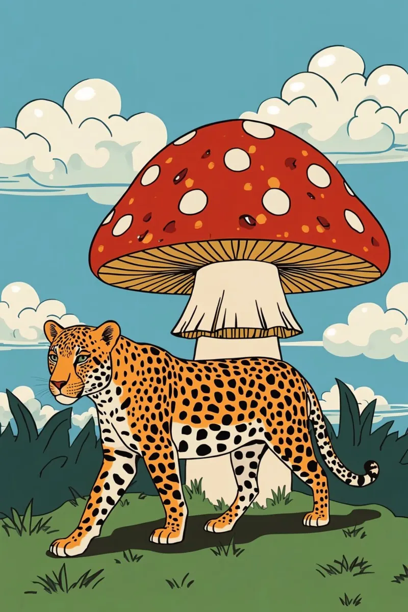 Paesaggio leopardiano e funghi rossi poster con telaio in legno da DesignDoodle