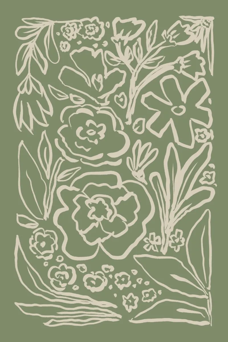 Dessin au trait floral abstrait sur fond vert sauge poster de Melloi Art Print