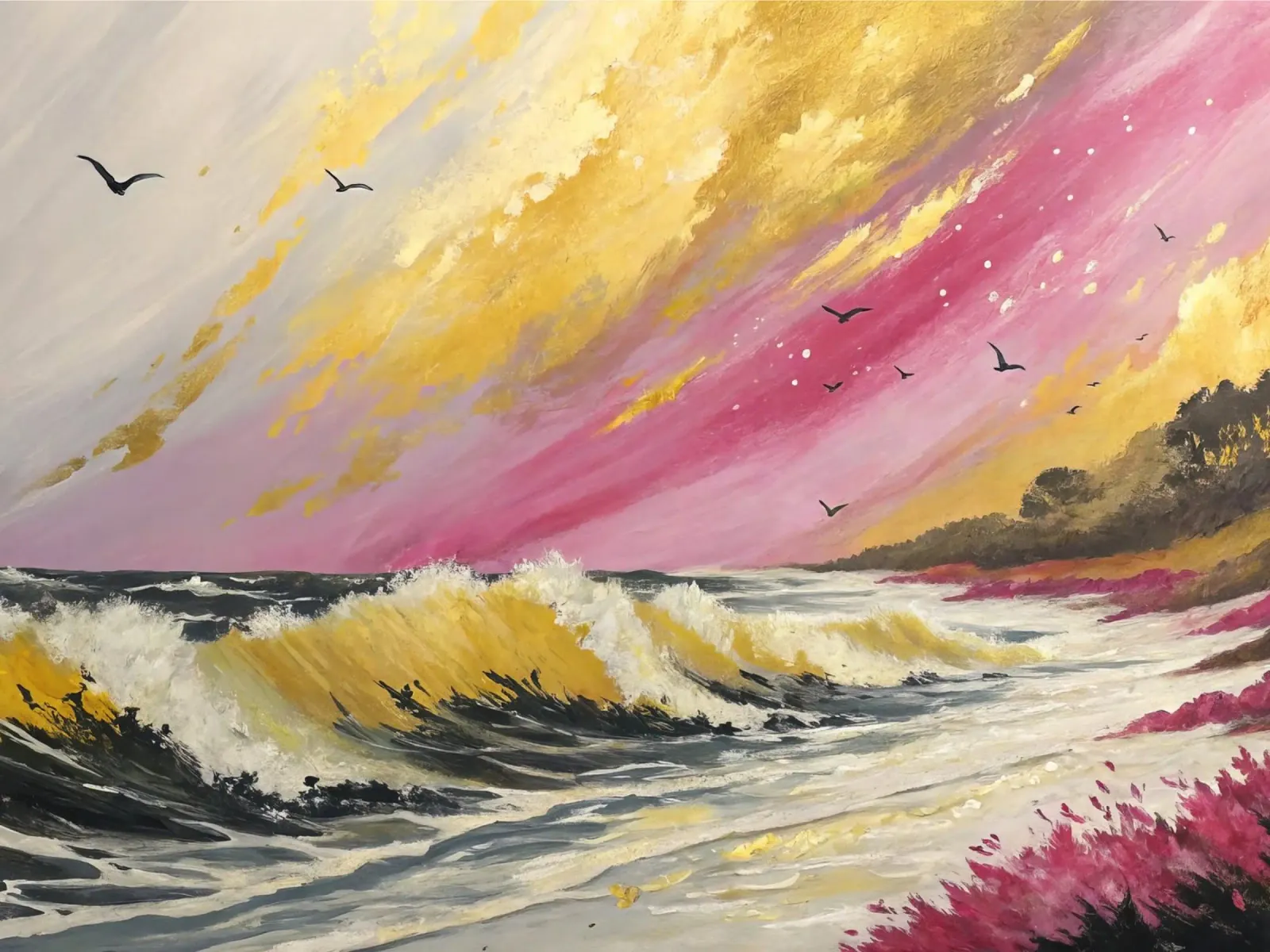 Pittura di paesaggio marino con cielo rosa e oro poster con telaio in alluminio da 🎨 Point and Art