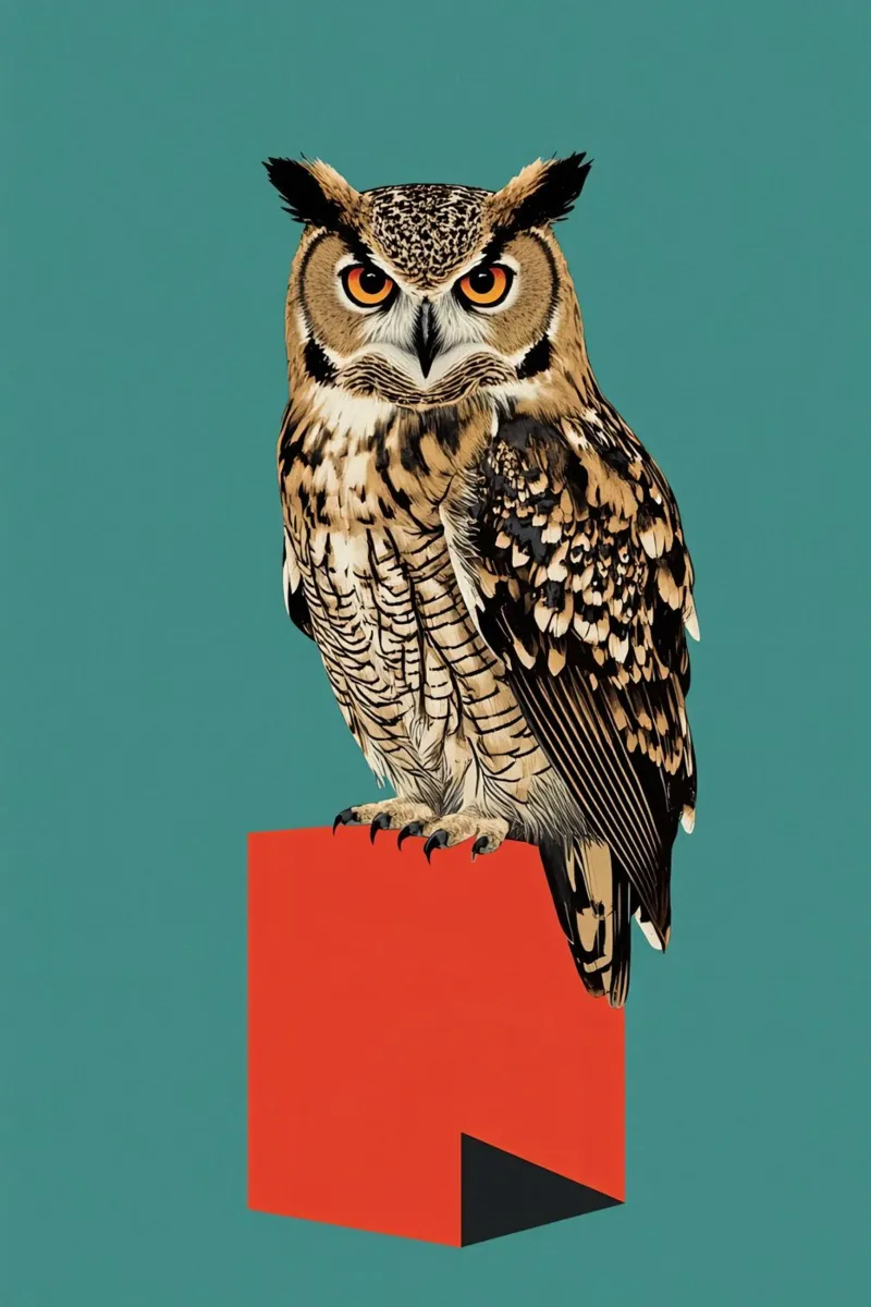Gufo reale su cubo geometrico rosso poster con telaio in plastica da DesignDoodle