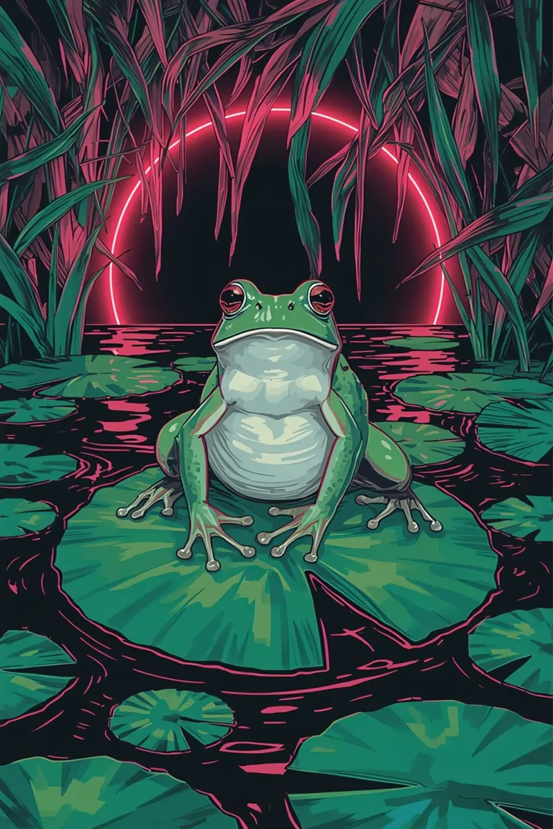 Rana su ninfea con sfondo a cerchi neon poster da DesignDoodle