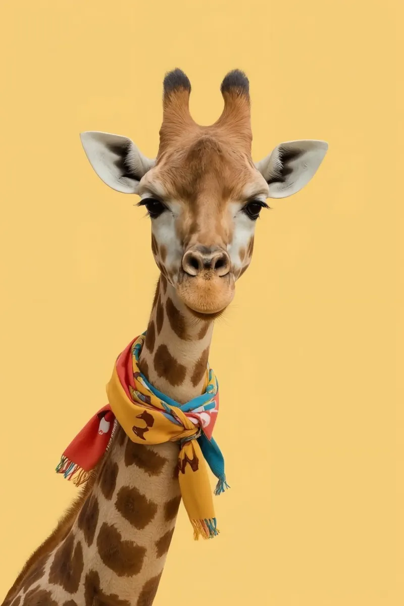 Testa e collo di giraffa con sciarpa su sfondo giallo poster da DesignDoodle