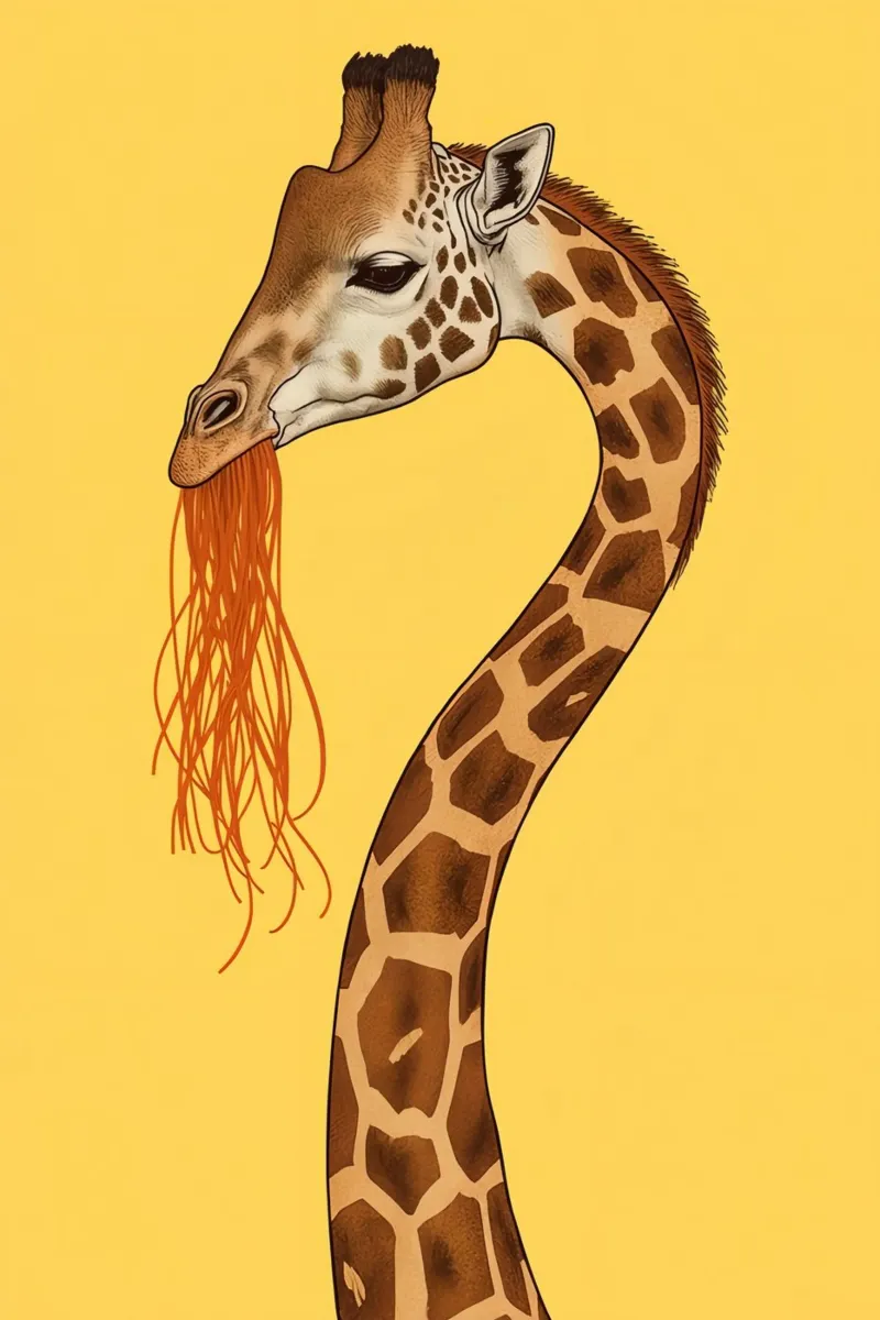 Giraffe eet spaghetti op gele achtergrond canvas met Baklijst van DesignDoodle