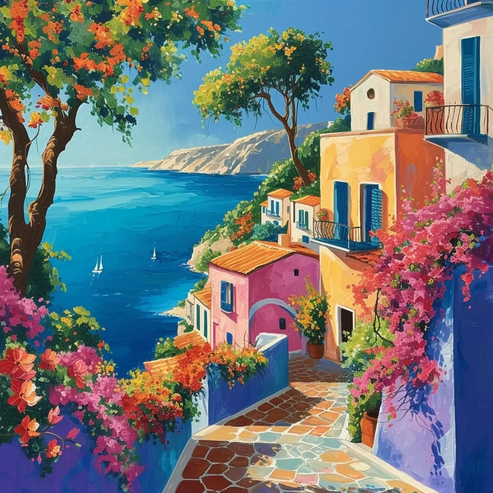 Città colorata con vista sul mare poster con telaio in alluminio da Yaso Design & Art