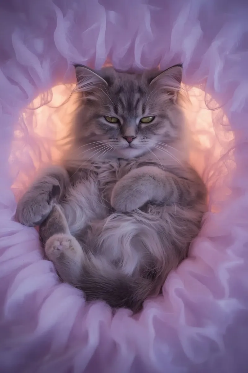 Gray Tabby Cat in Pink Fabric Nest canvas with Floater frame by DesignDoodle