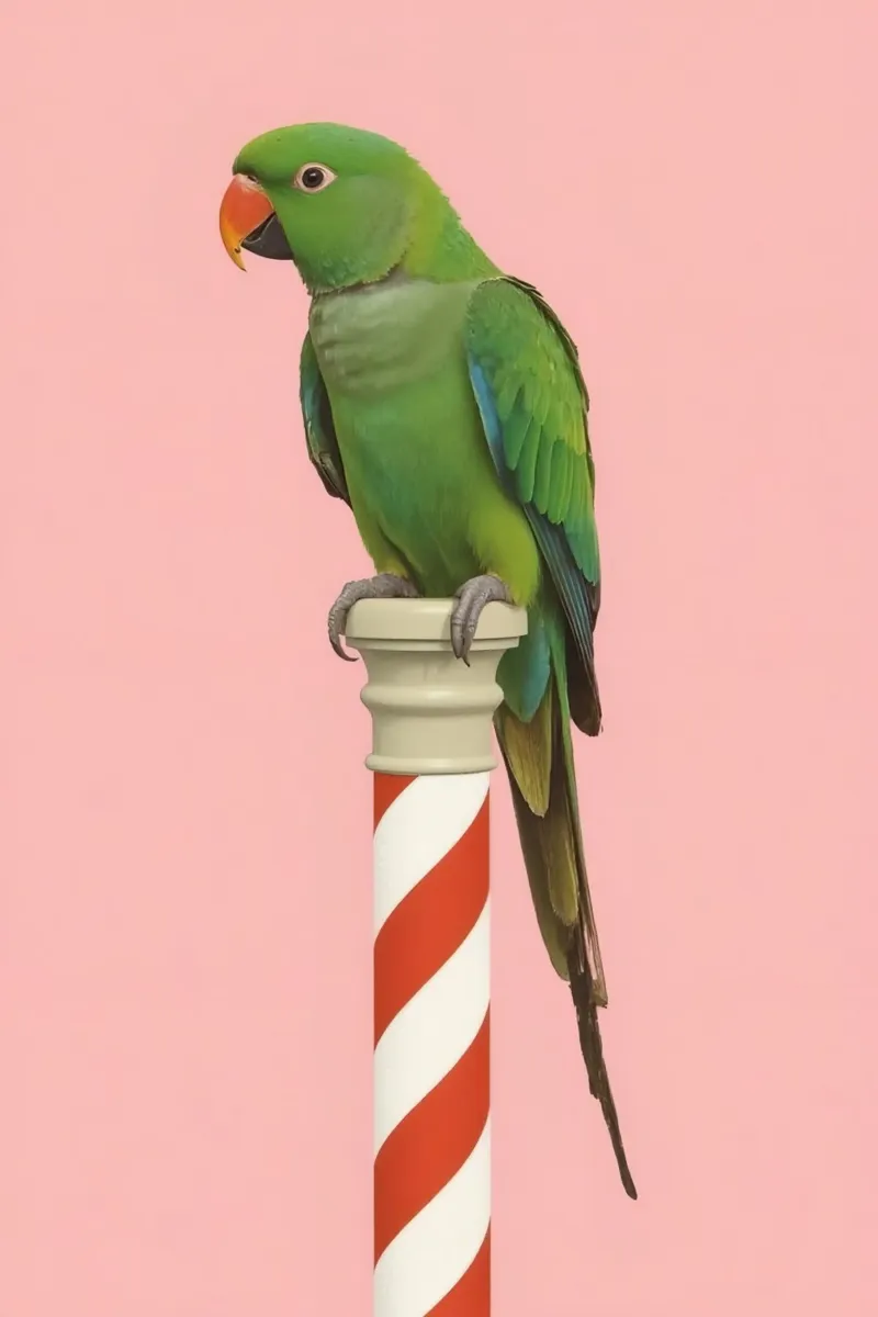 Pappagallo verde su palo a strisce bianche e rosse poster da DesignDoodle