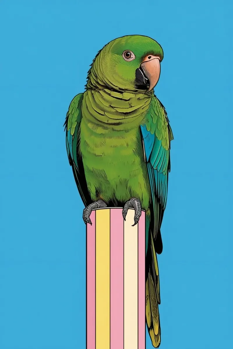 Pappagallo verde su colonna a righe poster da DesignDoodle