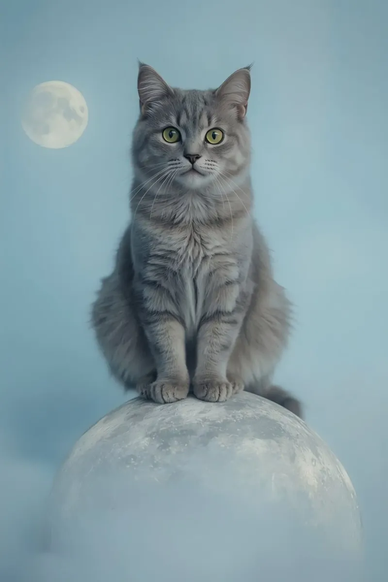 Grey Cat Sitting on Sphere with Moon Background canvas with Floater frame by DesignDoodle