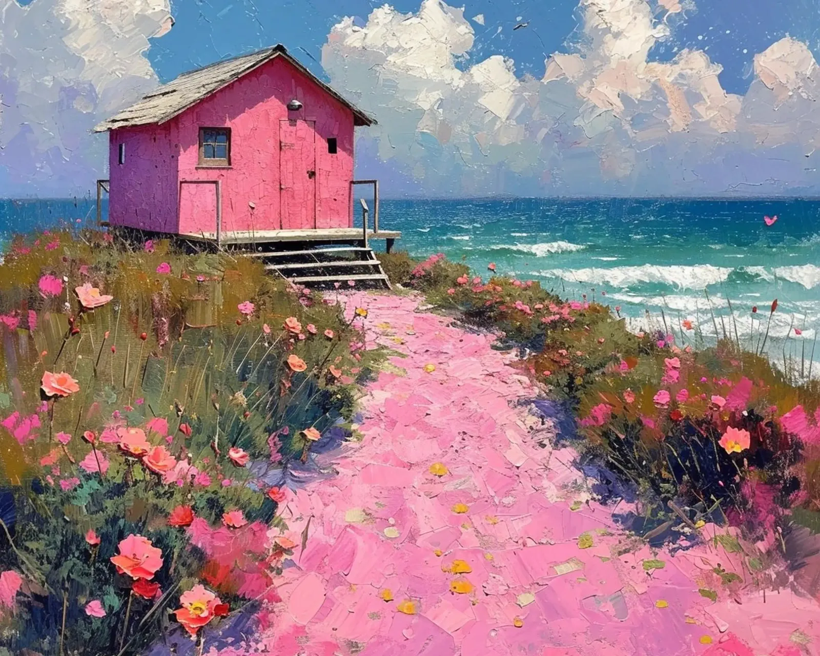 Casa rosa in riva al mare con sentiero rosa poster da Yaso Design & Art