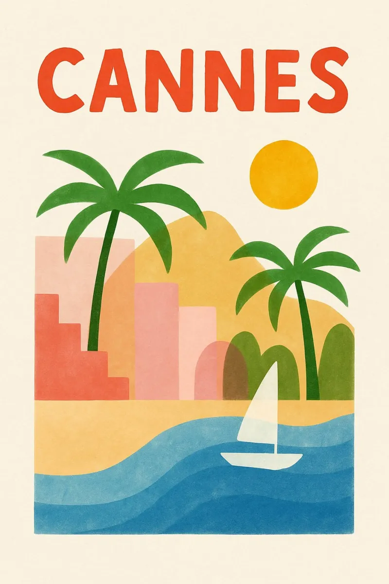 Poster d'epoca di Cannes - palme, spiaggia e glamour poster con telaio in legno da JETLAG | affiches voyage