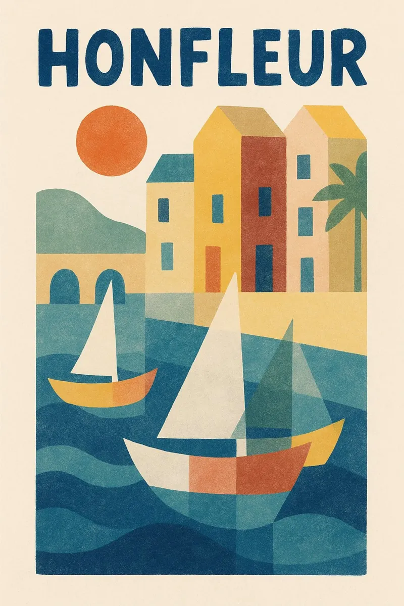 Poster d'epoca Honfleur - barche a vela e facciate colorate poster con telaio in plastica da JETLAG | affiches voyage