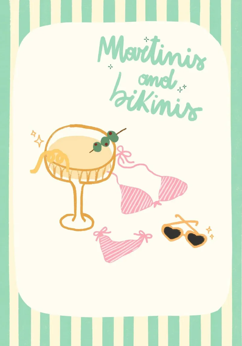 Martini e bikini, Cocktail art retrò, Summer Vibe poster con telaio in plastica da dawnthesea