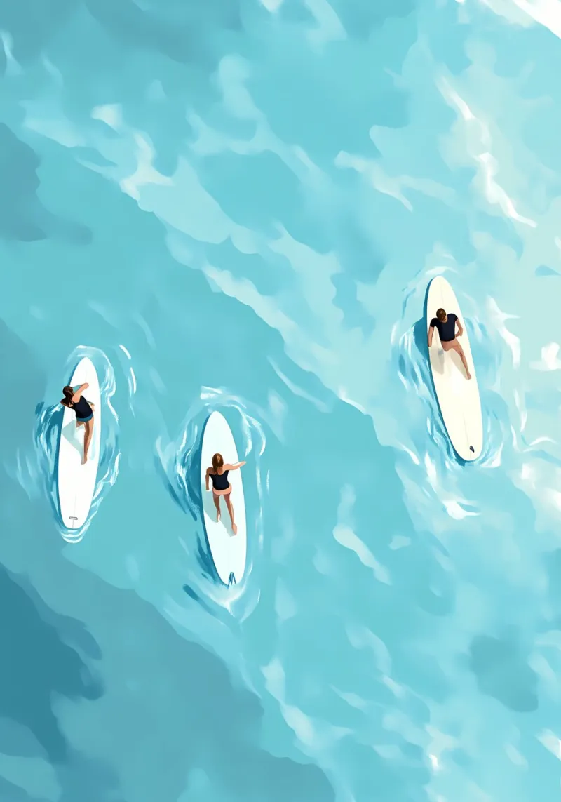 Surfers on the Water, Aerial View, Surf Art Print canvas with Floater frame by dawnthesea