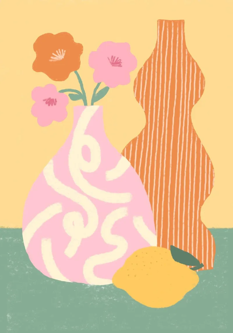 Bloemen Stilleven Poster, Retro Keuken Kunst, Roze canvas met Baklijst van dawnthesea