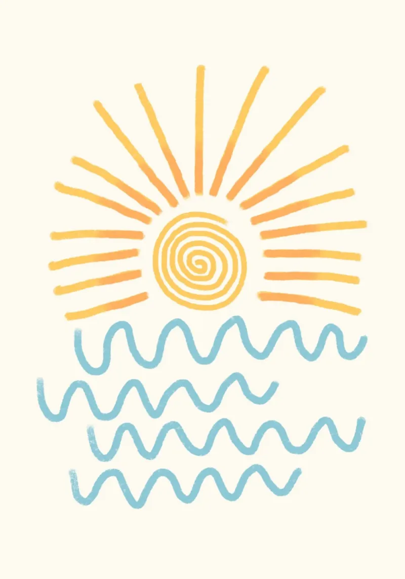 Abstracte zon en zee, minimalistische kustkunst, Retro canvas met Baklijst van dawnthesea