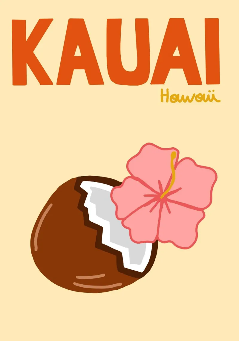 Kauai Hawaii Poster, Retro Bloemsierkunst, Reizen canvas met Baklijst van dawnthesea